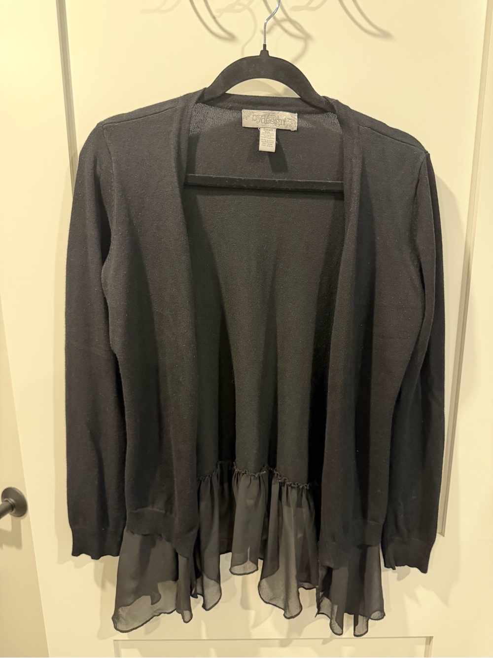 By Design Black Open-Front Cardigan with Chiffon Ruffle Hem